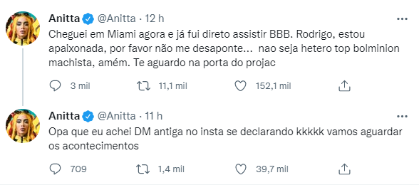 Anitta se declara para Rodrigo, participante do BBB 2022