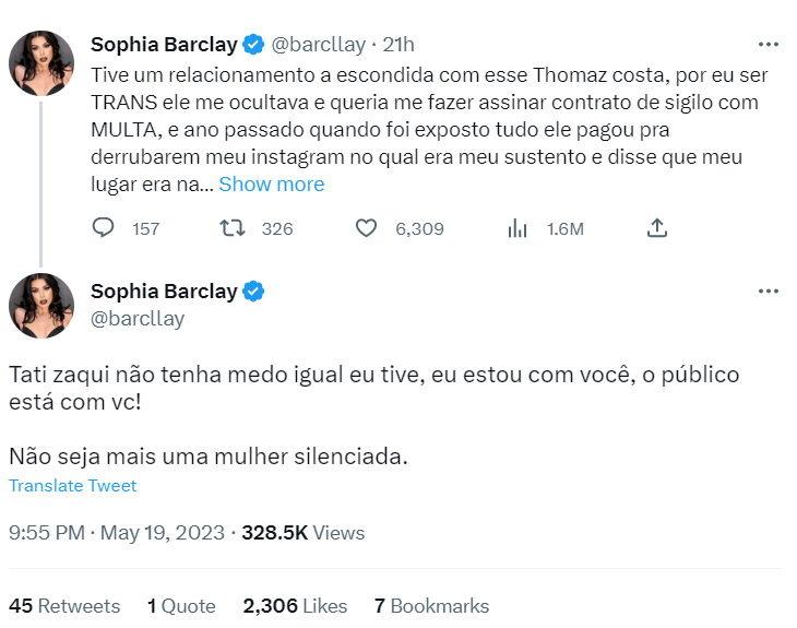 Sophia Barclay expõe romance secreto com Thomaz Costa